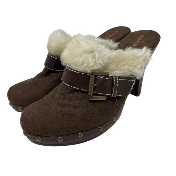 Brown Faux Suede Heeled Clogs With Faux Fur Trim Size 8.5 - Picture 2 of 12